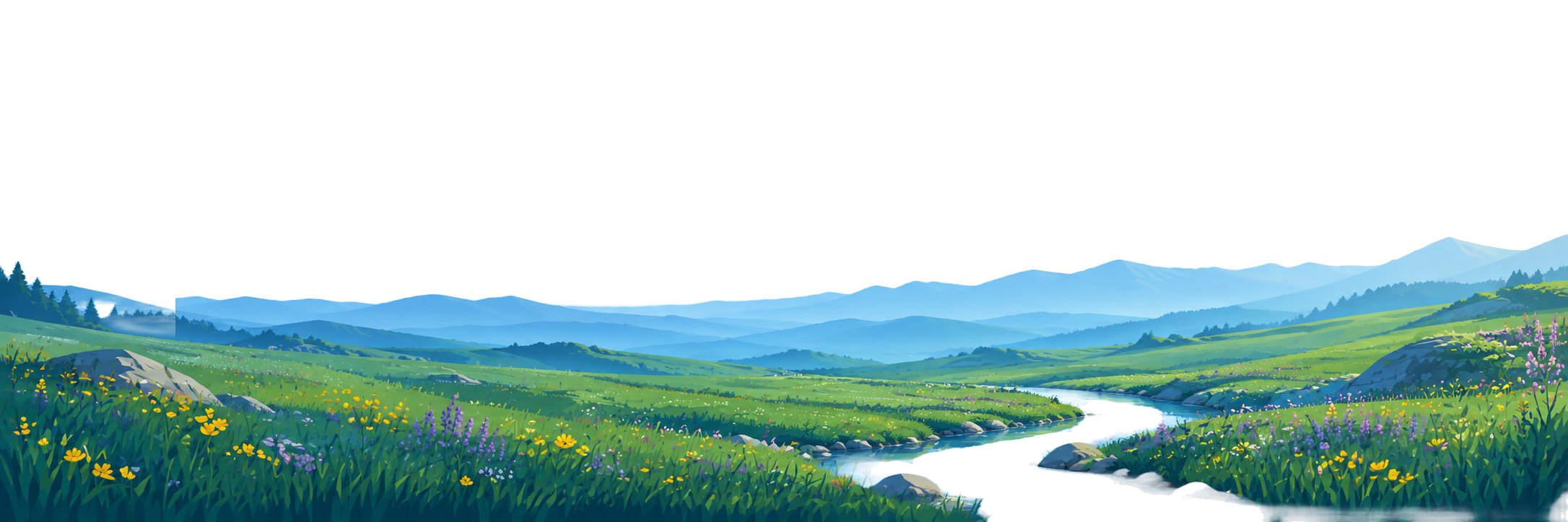 alpine meadow with a winding stream and wildflowers